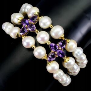 Bransoletka naturalne ametysty perły 925 piękna