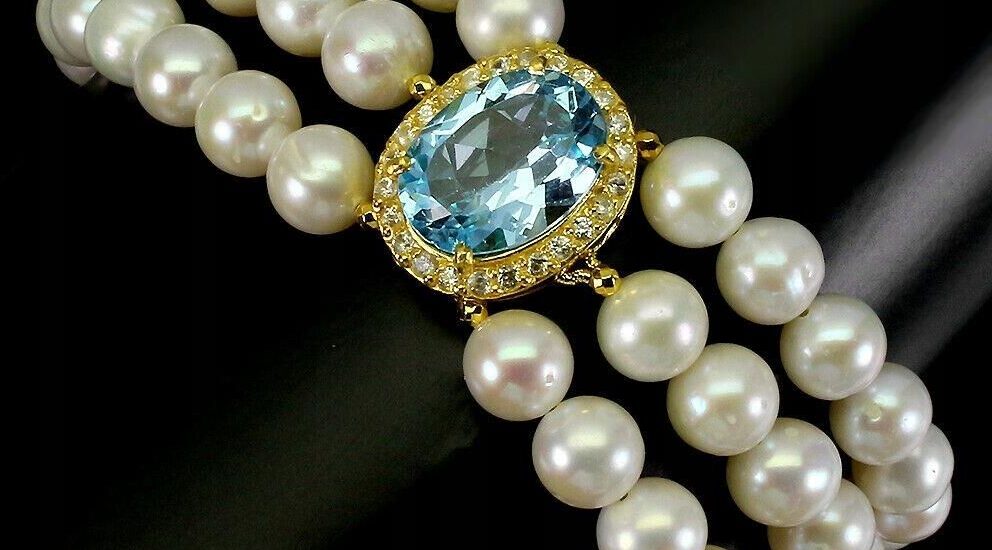 Bransoletka sky blue topaz natural perły cyrkonie