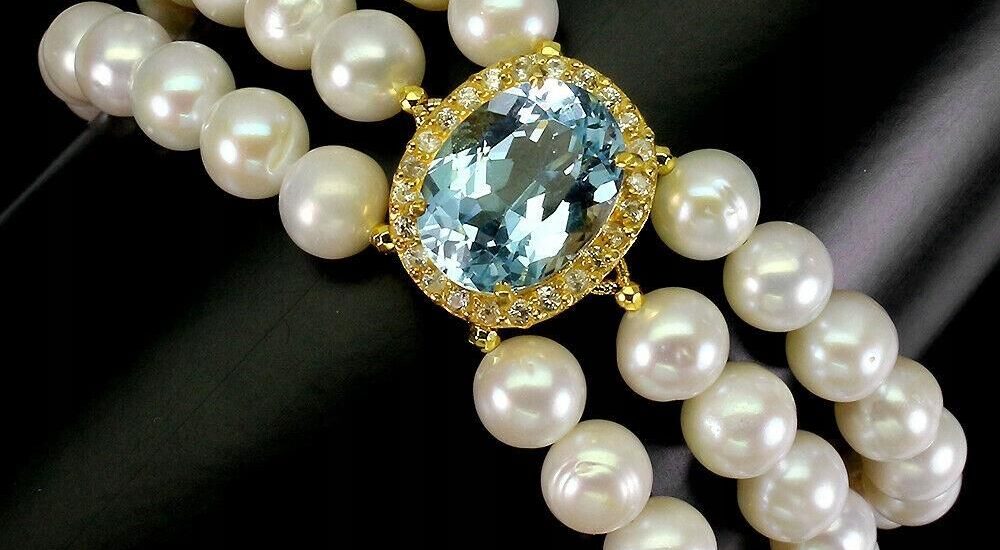 Bransoletka topaz sky blue natural perły cyrkonie