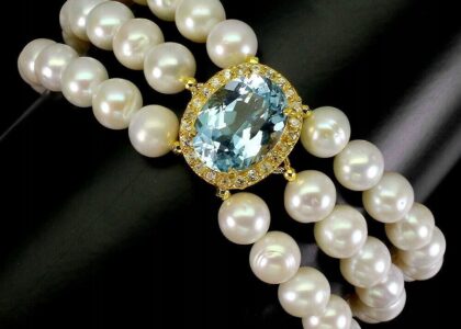 Bransoletka topaz sky blue natural perły cyrkonie