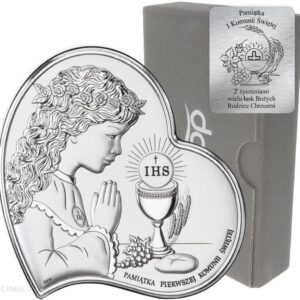 Dono Obrazek Srebrny Pamiątka I Komunii dla dziewczynki Serce z podpisem DS03A