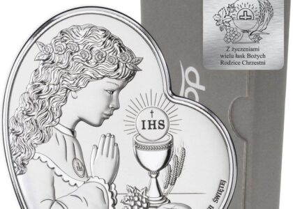 Dono Obrazek Srebrny Pamiątka I Komunii dla dziewczynki Serce z podpisem DS03A
