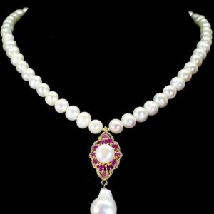 Naszyjnik srebrny natural rubiny perły piękny 925