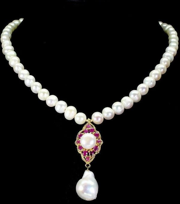 Naszyjnik srebrny natural rubiny perły piękny 925