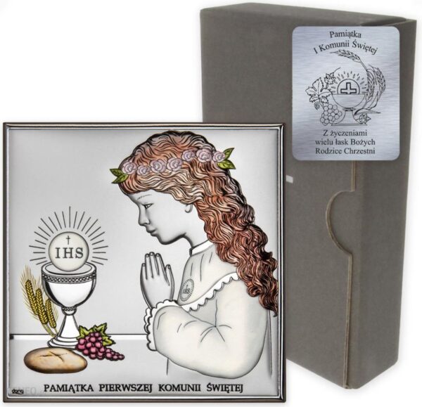Obrazek Srebrny Pamiątka I Komunii dla dziewczynki prostokąt z podpisem kolor DS48CA