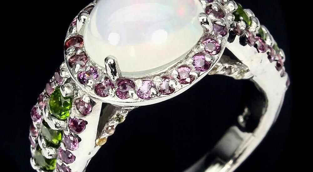 Pierścionek natural opal ognisty 14 granat diopsyd