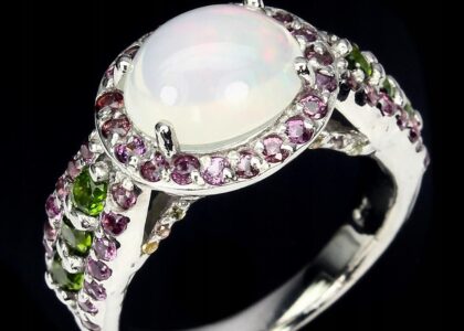 Pierścionek natural opal ognisty 14 granat diopsyd