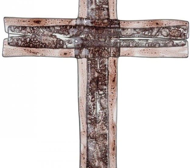 Szklany krzyż na ścianę brązowy ze szkła warstwowego mały