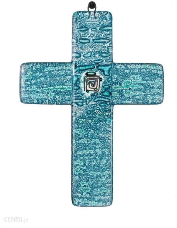 Szklany krzyż na ścianę turkusowy mały – ze spiralą
